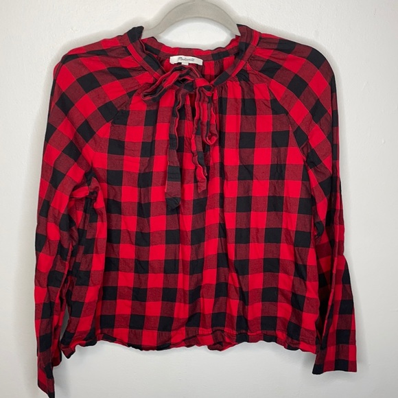 Madewell | Tie Neck Buffalo Check Popover Top - Picture 2 of 6